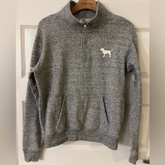 Victoria Secret Gray Heather Quarter Zip Dog Spellout Sweatshirt EC M-L - Picture 1 of 9
